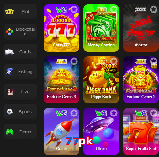 Main screen of 77Pk game page for PK players